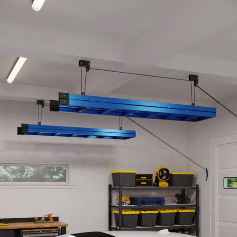 Overhead Pulley Hoist System Pair For Kayaks And Gear 125Lb Capacity Each Space Saving Garage Storage For Canoes Bikes Ladders And More Heavy Duty No Fuss Easy Install, blue steel ceiling hoists in garage