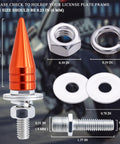 Spike License Plate Screws Kit Four Pieces Dope Anti Theft Bolts For Cars Trucks And Motorcycles Durable Stainless Steel And Aluminum Alloy Orange Finish For Secure Mounting And Sick Bold Look showing dimensions.