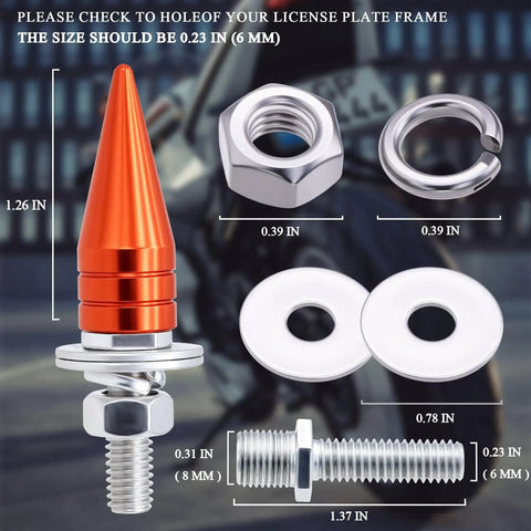 Spike License Plate Screws Kit Four Pieces Dope Anti Theft Bolts For Cars Trucks And Motorcycles Durable Stainless Steel And Aluminum Alloy Orange Finish For Secure Mounting And Sick Bold Look showing dimensions.