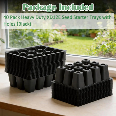 40 Pack Reusable 12 Cell Seed Starter Trays With Large Drainage Holes For Quick Germination, Easy Transplant, Fits Standard 1020 Flats And TD377 Trays, Black