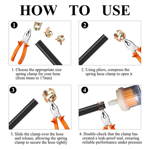 Instructions illustrating use of 160Pcs Spring Band Hose Clamps Kit for Auto Repair, Fuel Line and Silicone Vacuum Hoses.