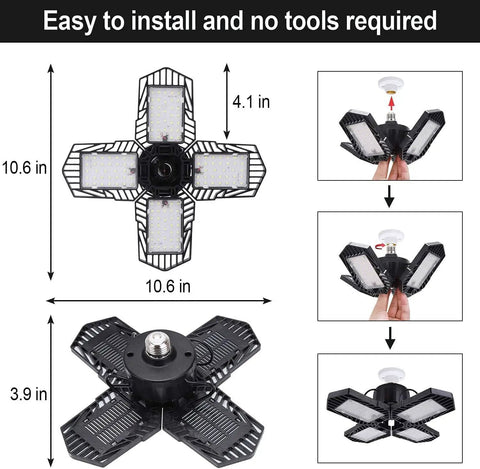 Two Pack 100W LED Garage Lights With Deformable Four Panel Heads, 10000 Lumens Daylight 6000K E26 Base installation view