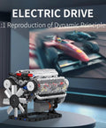 Dope V8 Engine Building Blocks Set With Battery Box And Motor on table, racing car image in background