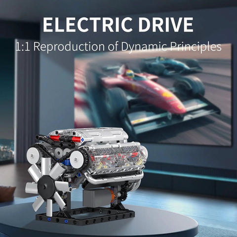 Dope V8 Engine Building Blocks Set With Battery Box And Motor on table, racing car image in background