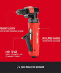 One Quarter Inch Angle Die Grinder With Spindle Lock 21,000 RPM, angled head, red insulated handle, side view