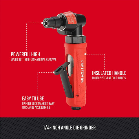 One Quarter Inch Angle Die Grinder With Spindle Lock 21,000 RPM, angled head, red insulated handle, side view
