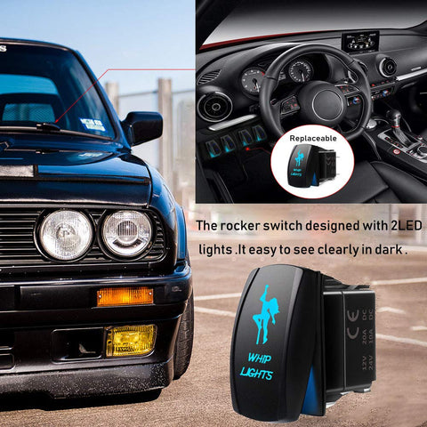 Close-up of 2Pack 5 Pin SPST Rocker Switch Kit With Jumper Wires 12V 20A showcasing blue LED and car dashboard.