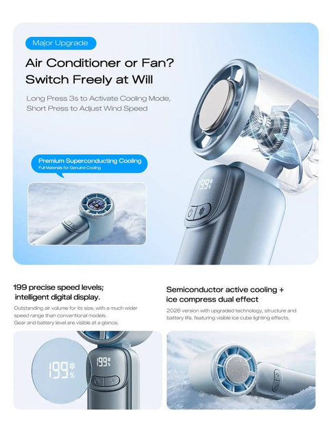 Portable Handheld Turbo Fan With Ice Cooling And 199 Speed Infinite Adjustment Rechargeable Personal Fan For Travel Outdoor Camping Hiking Tec Ice Cold Breeze On The Go showing digital display and cooling components