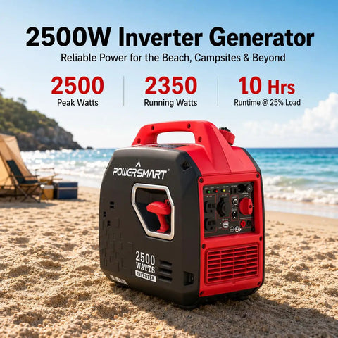 2500W Portable Inverter Generator Gas Powered Quiet And Parallel Ready on sandy beach with ocean backdrop
