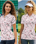 Women’s Moisture-Wicking Golf Polo Shirt And Visor Set, lightweight pink 1/4 button up short sleeve top with sun visor, USA print