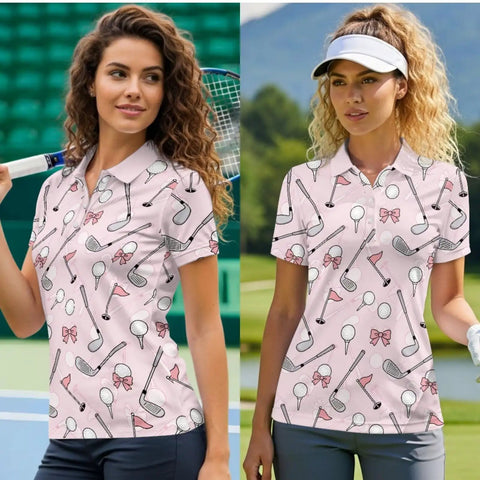 Women’s Moisture-Wicking Golf Polo Shirt And Visor Set, lightweight pink 1/4 button up short sleeve top with sun visor, USA print