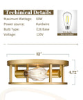 Technical details of Gold Flush Mount Ceiling Light Fixture 12 Inch 2 Light Dimmable Modern Industrial Metal Fixture with dimensions.