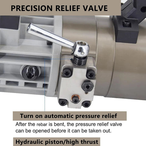 Close-up of precision relief valve on Heavy Duty Electric Rebar Bender Machine With Brushless Motor, showing hydraulic pressure adjustment.