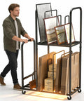 Two Tier Mobile Carton Cart With Eight Adjustable Dividers Rolling Packing Station for Home or Warehouse, moving framed items.