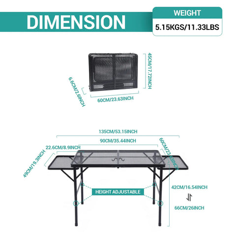 Dimensions of Folding Grill Table For Camping And Tailgating, Adjustable Height And Width, Metal Frame With Mesh Net, Flip Up Side Tables.