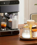 Refillable Sugar Jar With Bamboo Lid And Spoon, 15 Oz Glass Canister For Coffee Bar Decor next to espresso machine