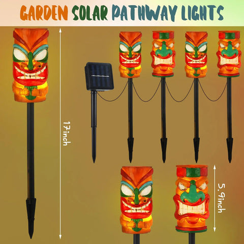 4 Pack Solar Tiki Light Decor Waterproof Tiki Statues for Outdoor Hawaiian Party, colorful resin tiki lights with stakes