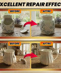 Premium Ceramics Super Glue Two Pack With Slick Micro Tips showing before and after repair of porcelain vases.