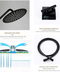 Rock Solid Matte Black Rainfall Shower Head System With Easy Thermostatic Temp Control. Includes handheld spray and shower hose.