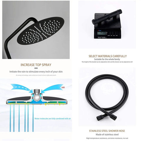 Rock Solid Matte Black Rainfall Shower Head System With Easy Thermostatic Temp Control. Includes handheld spray and shower hose.