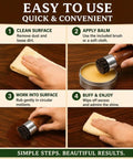 Easy instructions showing the use of Wood Care Balm And Furniture Polish With Almond Scratch Fixer for wood care.