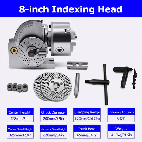 Built Tough Universal 3 Jaw Chuck Milling Indexing Head With Sweet Precision Rotary Table showing specifications and parts.