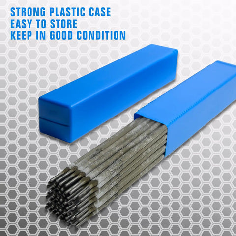One Eighth Inch Carbon Steel Welding Rods For Stick Electrodes 4.5 Lb Pack Great For All Position Arc Welding On AC Power With Deep Penetration And Smooth Spray Transfer For Pro Welders in blue plastic case