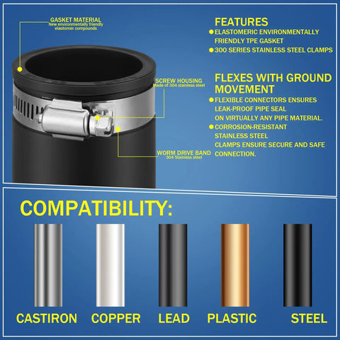 2 Pack Flexible TPE Couplings With Stainless Steel Clamps For Plastic And Copper Plumbing, features and compatibility chart