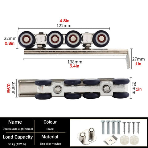 Heavy Duty Sliding Barn Door Hardware Kit In Black Rail For Double Doors with zinc alloy 8-wheel hangers, dimensions shown.