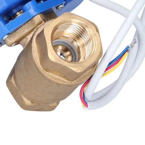 Top Tier Heavy Duty DC12V Brass Electric Ball Valve Shutoff close-up showing brass structure and electrical wiring.