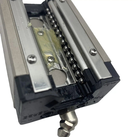 Close-up of Beefy Heavy Duty Linear Guide Block Set HSR20R Series with rails for CNC machines, showing motion control bearings.