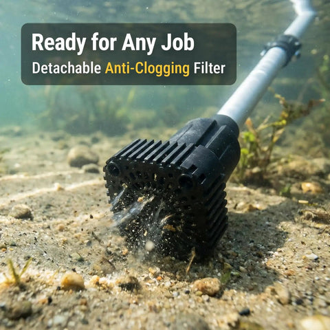 Close-up of a submersible pump's detachable anti-clogging filter in a shallow pond, Brushless Stick Water Transfer Pump Compatible With 20V Battery Cordless Submersible Utility Pump For Pool Garden And Pond 720 GPH Flow Rate Lightweight Handheld Design Battery And Charger Not Included No Brainer DIY Water Transfer