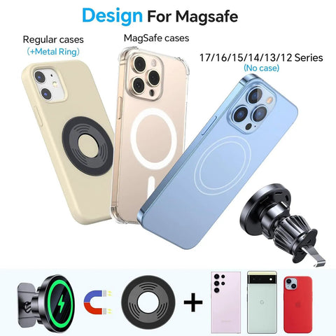 2 In 1 MagSafe Car Charger And Phone Holder With Ultra Sticky Dashboard Mount for iPhone 17 16 15 14 13 12 11 shown with compatible cases