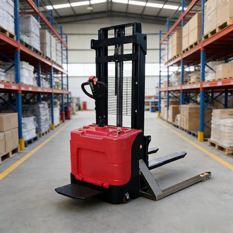 High Capacity Industrial Grade Pallet Stacker With Straddle Legs Slick Warehouse Lifter For Factory Cargo Transfer And Portable Workshop Material Handling No Sweat Gear in warehouse aisle.