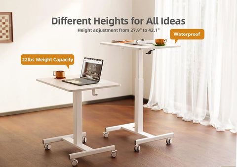 Mobile Standing Desk With Wheels For The Home Office Compact Rolling Workstation With Lockable Front Casters Pneumatic Height Adjustable Laptop Desk White That Moves Smoothly And Lets You Move It Anywhere, shown with height adjustment feature