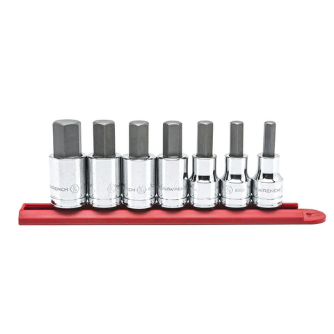 7 Piece 1/2-Inch Drive SAE Hex Bit Socket Set With Heavy-Duty Heat-Treated Bases displayed on red impact-resistant rail