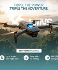 4K Drone With Built In Screen Remote No Phone Needed Foldable FPV Quad hovering over scenic landscape with 3 battery icons visible.