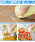 User demonstrating the hidden blade design of the No Sweat Mini Bag Sealer and Cutter for opening bags.