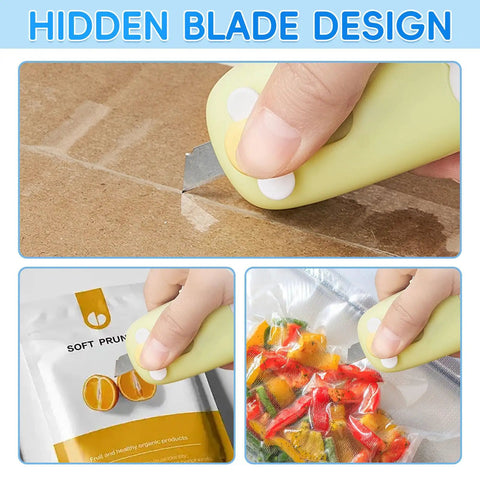 User demonstrating the hidden blade design of the No Sweat Mini Bag Sealer and Cutter for opening bags.