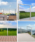 Outdoor balcony with stainless steel cable railing system, showing scenic landscape views from different angles.
