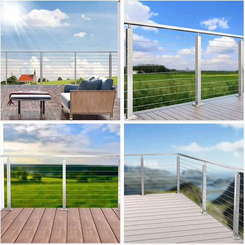 Outdoor balcony with stainless steel cable railing system, showing scenic landscape views from different angles.