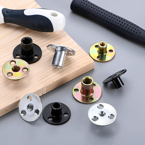 Premium Heavy Duty M10x17mm T Nuts, 5 Pack Black Zinc Plated Carbon Steel Tee Nuts With Round Base on wooden surface.