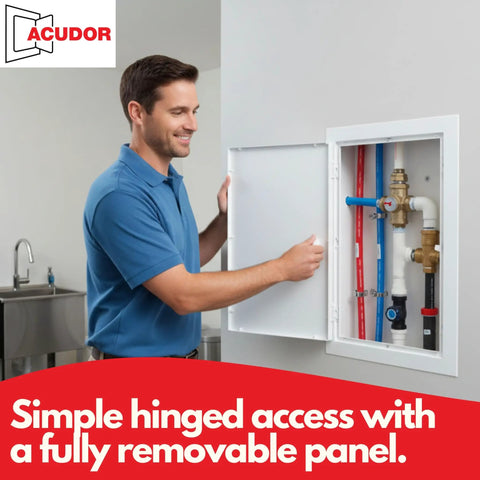 Heavy Duty 8X8 Inch Hinged Drywall Access Panel White Slick Slip In Design For Walls And Ceilings No Sweat Setup No Screws Needed, with a removable door.