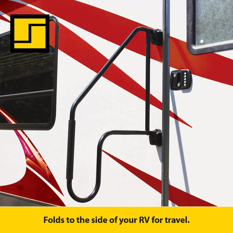 Heavy Duty Rv Grab Bar With Slick Black Aluminum Build Holds Fast During Rough Roads And Keeps Your Footing Locked In Tight For Zero Fuss Camper Access And Smooth Trailer Getaways Every Single Day, folds to RV side