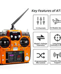 12 Channel RC Transmitter And Receiver With 2.4GHz Remote For FPV Drones Quads Helicopters Cars And Boats Mode 2 Left Hand Throttle Voltage Telemetry DSSS FHSS 7dBi Antenna For Beefed Up Signal Up To 4km showing key features with orange casing and display screen.