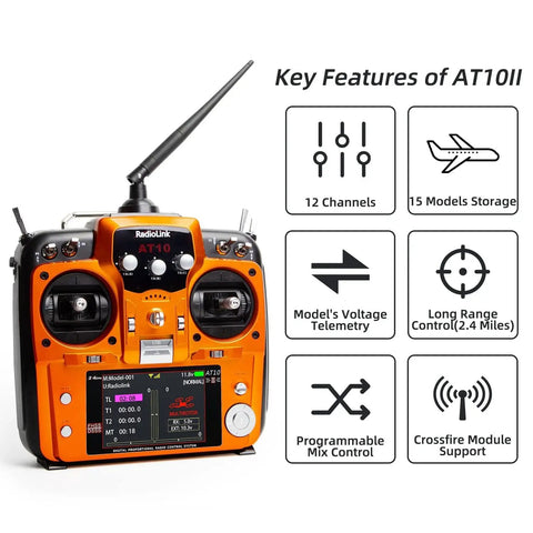 12 Channel RC Transmitter And Receiver With 2.4GHz Remote For FPV Drones Quads Helicopters Cars And Boats Mode 2 Left Hand Throttle Voltage Telemetry DSSS FHSS 7dBi Antenna For Beefed Up Signal Up To 4km showing key features with orange casing and display screen.