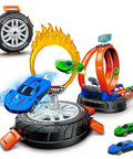 Transformable Tire Race Track Set For Kids 3 To 8 With Portable Handle Double Track Course 360 Degree Loops Two Racing Cars