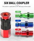 Image of 12 Pack Aluminum One Quarter Inch Female AMT Universal Air Coupler Quick Connect showing interchangeable plugs.