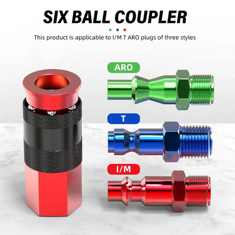 Image of 12 Pack Aluminum One Quarter Inch Female AMT Universal Air Coupler Quick Connect showing interchangeable plugs.