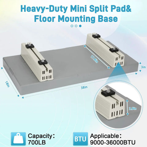 Anti Vibration Mini Split Condenser Pad With Floor Mount Base Kit For Outdoor Setup Or Indoor Install, 38 By 18 By 3 Inch Pad Fits 9000 To 36000 BTU Ductless Systems, Heavy Duty Polypropylene AC Pad For Heat Pumps And Exterior Mounting